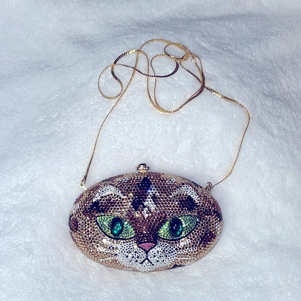 Kathrine Baumann LARGE Cat Face Green Eyes Crystal Purse Vintage RARE